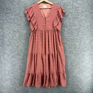 Bella Ella Dress Women L Large Pink Polka Dot Shift Midi V-Neck Short Sleeve